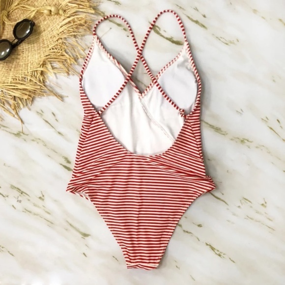 CLEARANCE Red & White Striped Ruffle One Piece Swimsuit - Picture 3 of 3